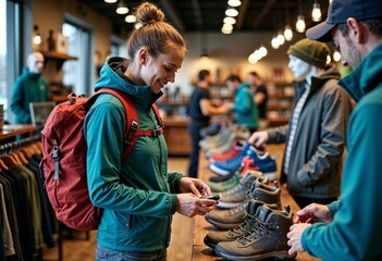 Woman Shopping for Hiking Boots in an Outdoor Gear Store
