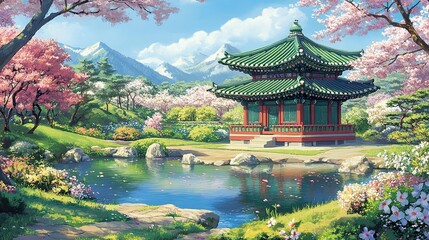 Traditional Korean Pavilion with Cherry Blossoms by a Calm Pond
