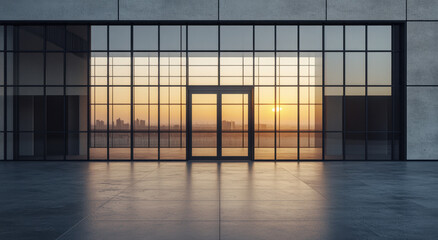 The glass door stands elegantly against sleek walls, framing a stunning sunset, illuminating the urban skyline in the background