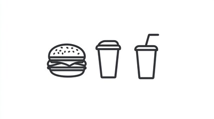 Simple Line Art Icons of Hamburger and Drink