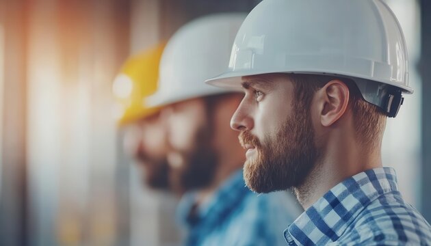 Three men in hard hats focus intently on a construction site.