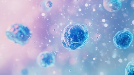 Microscopic view of blue viruses floating on a soft gradient background, with ample copy space for text, perfect for medical or scientific themes.