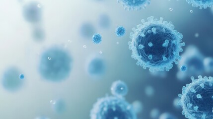 Microscopic view of blue viruses floating on a soft gradient background, with ample copy space for text, perfect for medical or scientific themes.