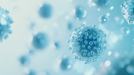 Microscopic view of blue viruses floating on a soft gradient background, with ample copy space for text, perfect for medical or scientific themes.