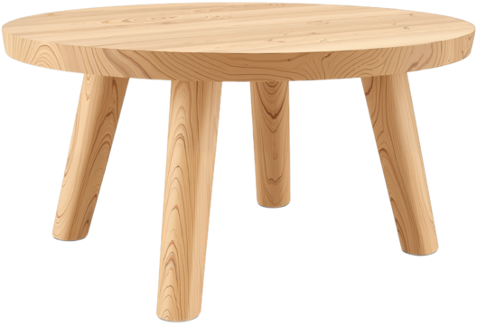 Minimalist 3D Wooden Round Table with Three Legs on White Background , png.
