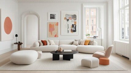 modern living room featuring spacious, curved sofa with neutral tones, accent pillows, and round coffee table. Bright artwork adorns walls, enhancing airy atmosphere