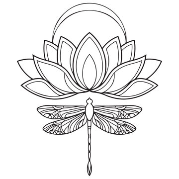 Lotus moon and dragonfly hand drawn for adult coloring book