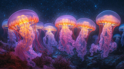 Obraz premium Colorful jellyfish swim gracefully under the ocean at night in a serene aquatic environment