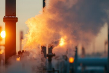 Industrial plant, sunrise, smoke, pipes. Use Illustrating industrial processes, pollution, or environmental issues