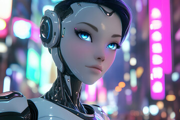 Futuristic female robot in vibrant cyberpunk city.  AI generated artwork.