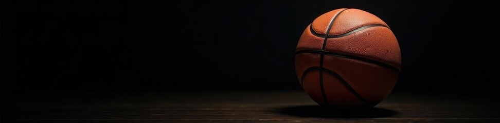 Leather basketball, perfectly lit, against stark black background , glossy, close-up