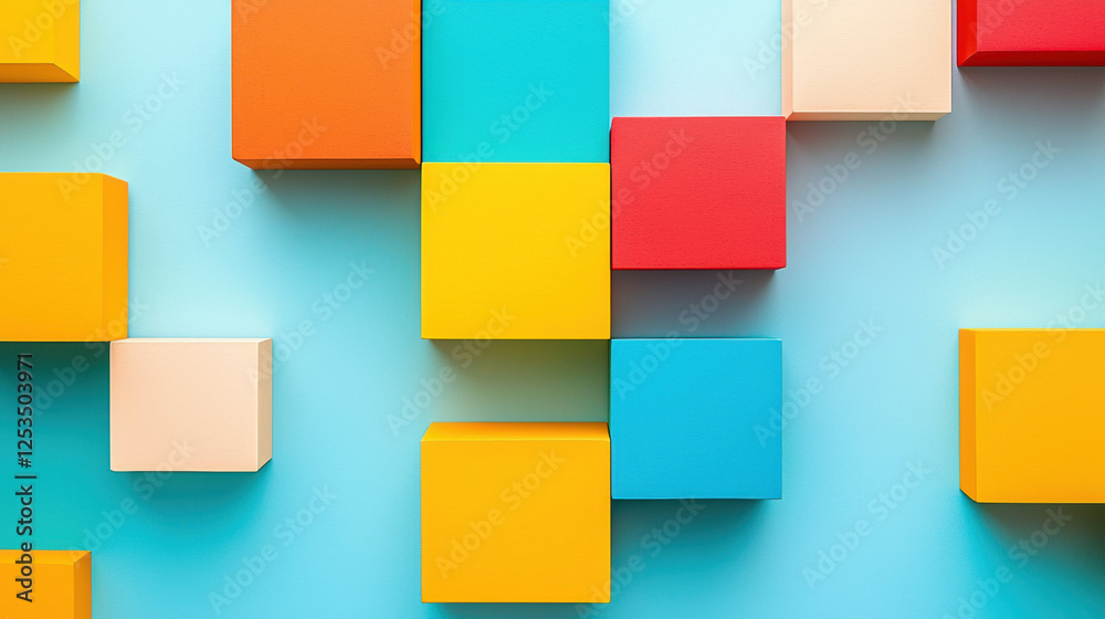 Aufkleber colorful geometric blocks in bold primary colors arranged on light blue background, creating modern 