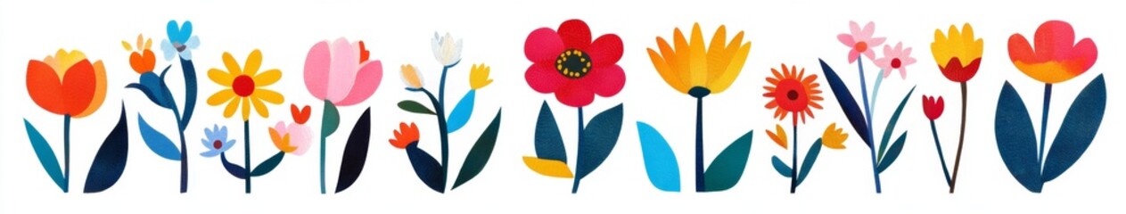 Colorful floral illustrations, spring flowers,  isolated on white background.  Possible use greeting card, wallpaper, etc