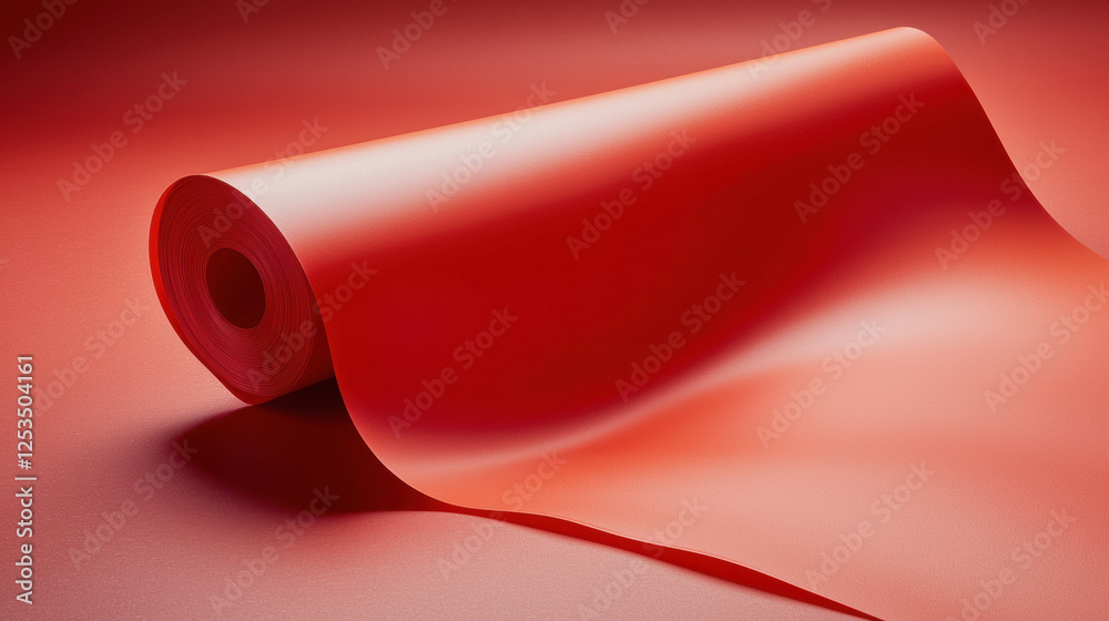 Poster vibrant red roll of smooth wallpaper with glossy finish, unrolled partially on matching red surface,