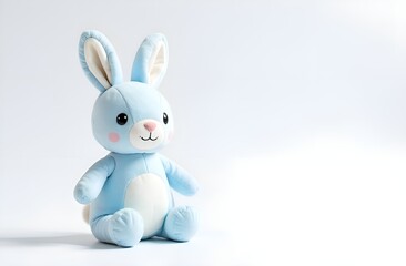 Children's card. Cute blue plush bunny. sits on the left side of the banner, with free space for text on the right. White background