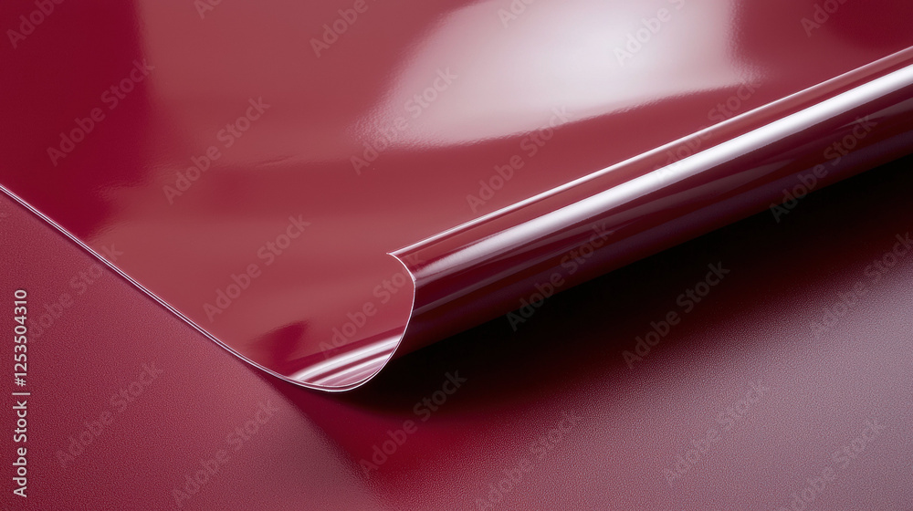 Poster glossy, bright fuchsia vinyl sheet with smooth and reflective finish, rolled partially on matching t