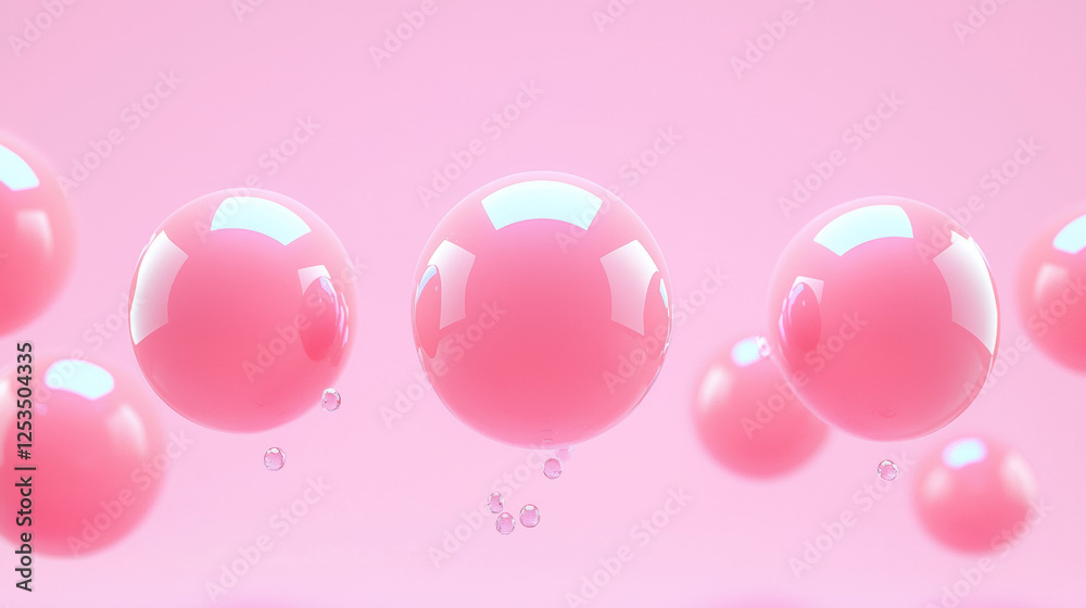 Poster glossy pink spheres floating against soft pastel pink background, creating dreamy and minimalistic a