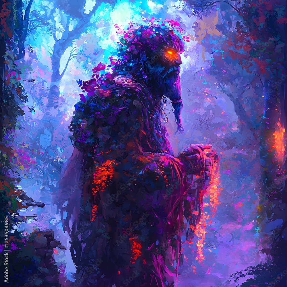Poster cyclops depicted in anime style set in mystical forest evoking a ethereal mood illuminated by studio