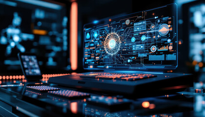 Fototapeta premium Futuristic Laptop Interface in a High-Tech Environment
