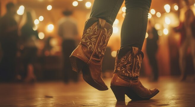 Close-up of feet wearing cowboy boots dancing at a country bar, with people in the background