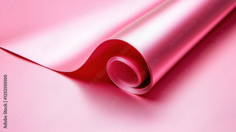 Poster vibrant pink glossy sheet rolled into smooth spiral, showcasing its reflective surface and soft text
