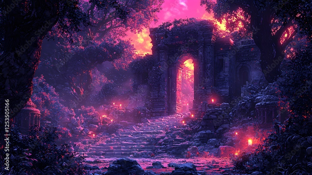Poster pandora depicted in line art set in ruined temple evoking a regal mood illuminated by candlelit with