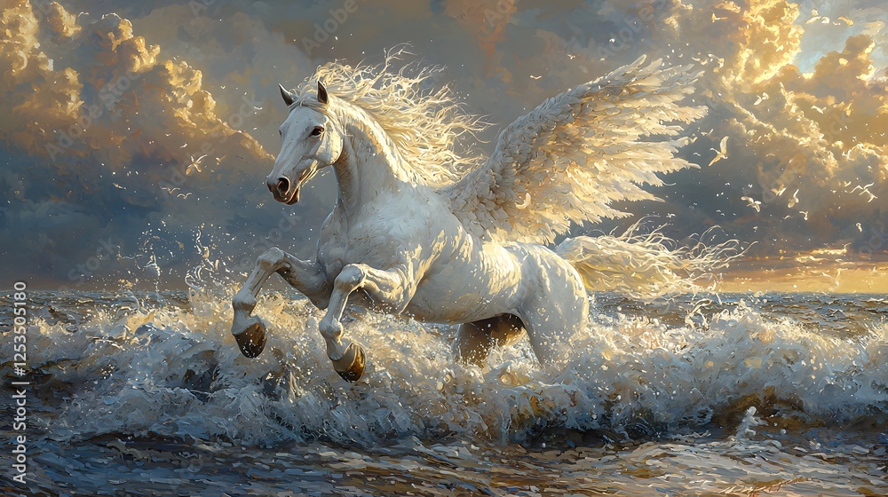 Poster pegasus depicted in oil painting set in deep ocean evoking a playful mood illuminated by celestial l