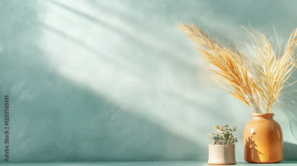 Poster minimalist composition featuring turquoise wall with sunlight streaming in, casting soft shadows sur