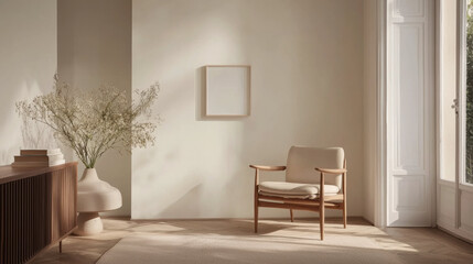 minimalist living room with wooden armchair, light beige cushion, modern sideboard, and vase with dried flowers. room features soft natural light and neutral color palette