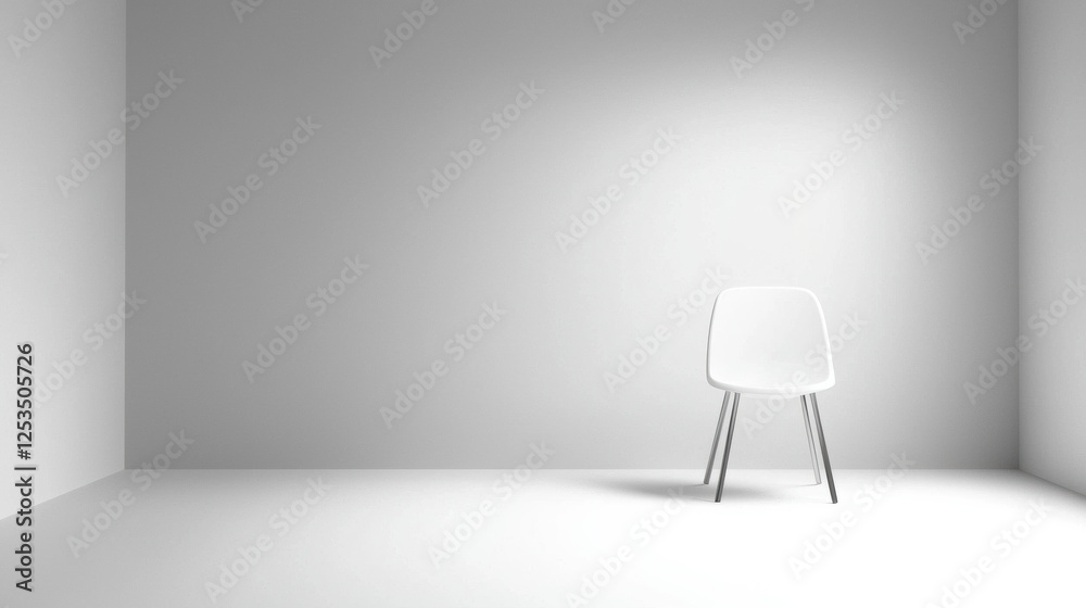 Poster minimalist white chair with sleek metal legs is placed in clean, empty room with soft gradient on wh
