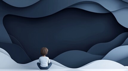 Child observing abstract blue layered landscape with deep shadows and gentle waves