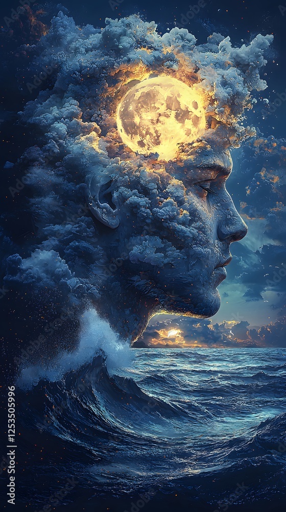Poster Apollo depicted in Digital painting set in Deep ocean evoking a Fierce mood illuminated by Moonlit with a Side profile hyper-detailed vibrant colors intricate details