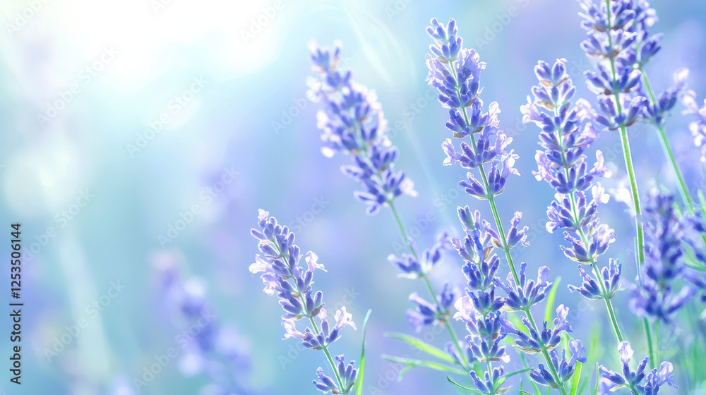 Poster lavender flowers in soft focus with dreamy blue gradient background, illuminated by gentle sunlight,