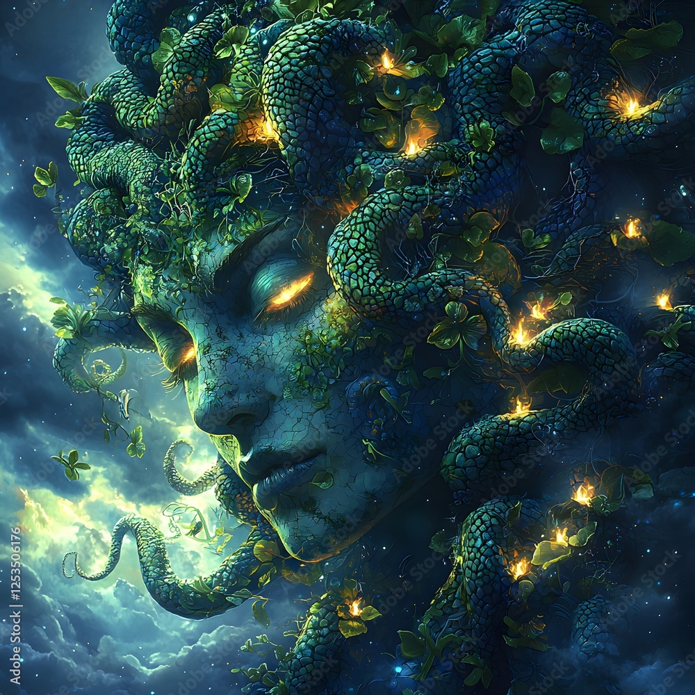 Aufkleber medusa depicted in fantasy illustration set in celestial sky evoking a powerful mood illuminated by 