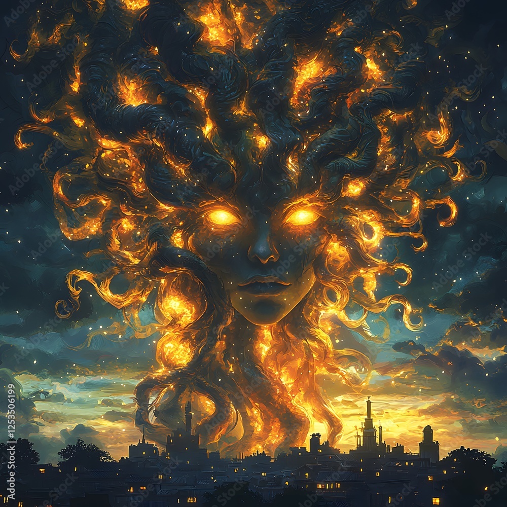 Aufkleber medusa depicted in fantasy illustration set in celestial sky evoking a powerful mood illuminated by 