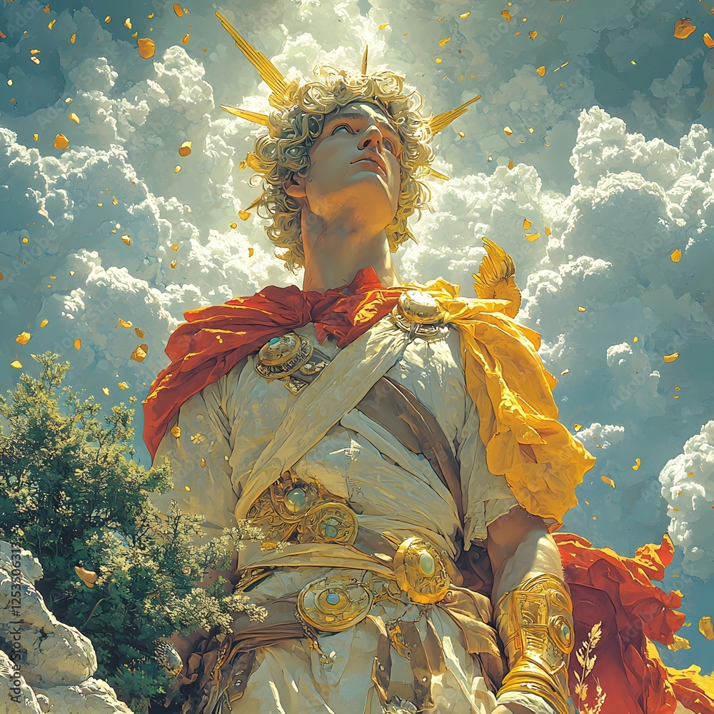 Poster Hermes depicted in Line art set in Mythical battlefield evoking a Melancholic mood illuminated by Celestial light with a Close-up hyper-detailed vibrant colors intricate details