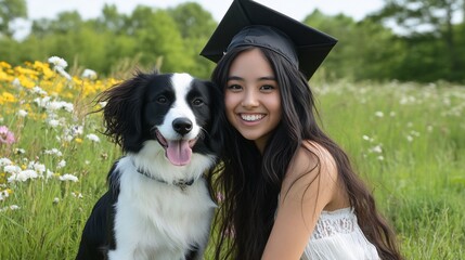 Graduate smiles with dog, flowers