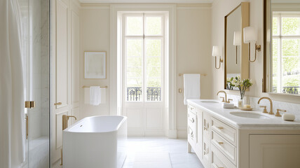 Luxurious bathroom with freestanding tub, elegant fixtures, and natural light. serene design features marble accents and spacious layout, creating calming atmosphere