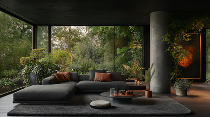 Fototapeta premium Modern Living Room with Garden View: A spacious and stylish living room boasts a sleek grey sectional sofa and a contemporary coffee table.