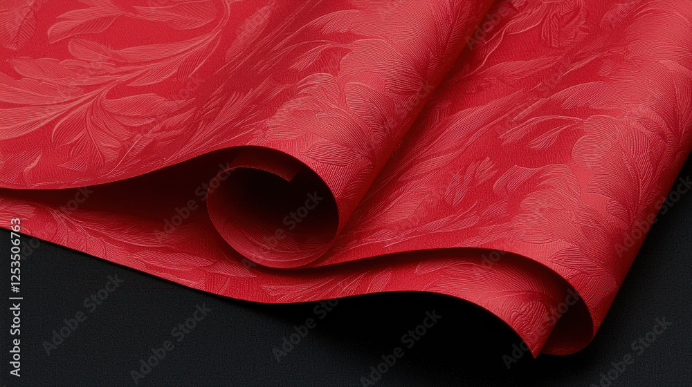 Poster close up of red wallpaper with embossed floral pattern, showcasing its velvety texture and intricate