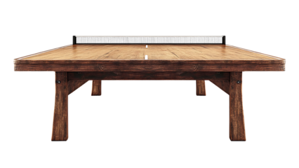 a rustic wooden ping pong table with a white net, a perfect piece of furniture for any game room, perfect for a family game night or a casual match with friends