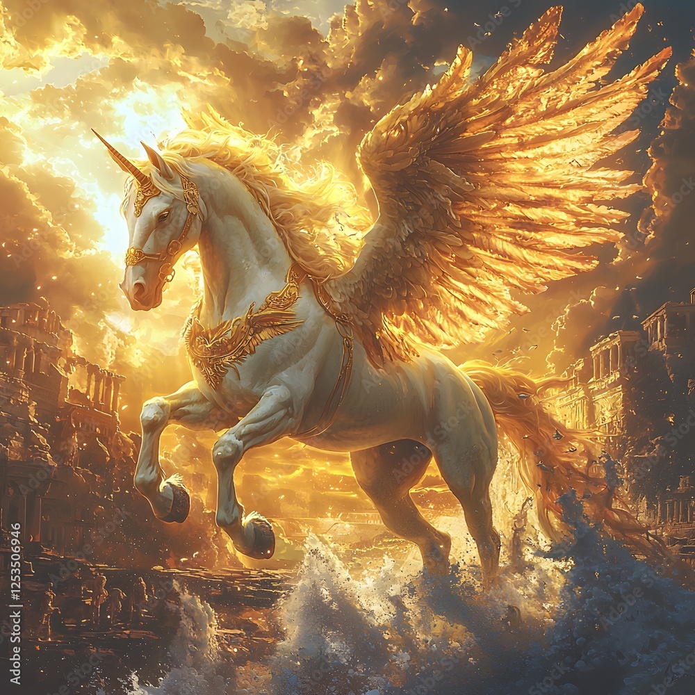 Aufkleber pegasus depicted in fantasy illustration set in ancient greece evoking a fierce mood illuminated by 