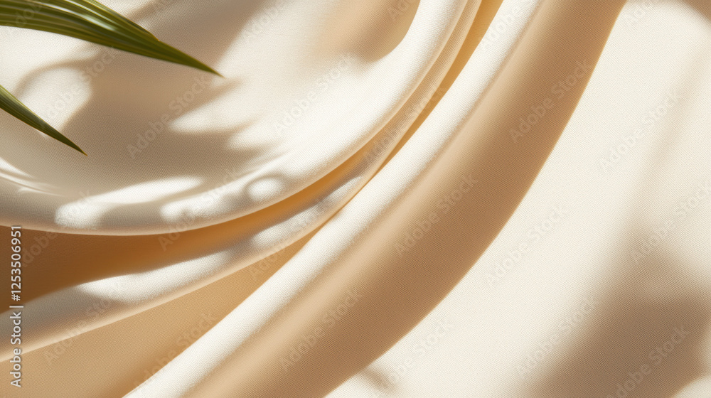 Poster Soft beige fabric with smooth folds and gentle shadows, complemented by green leaf casting natural shadow, creating serene and elegant composition