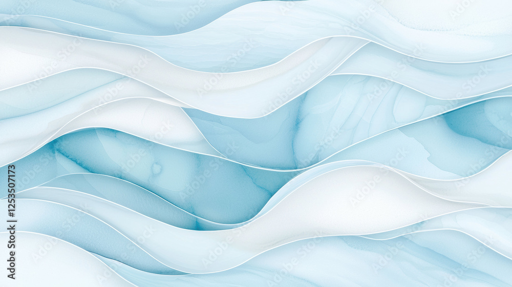 Poster Soft blue and white watercolor abstract background with flowing wave like patterns, creating serene and calming visual effect