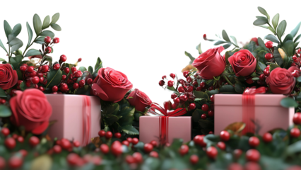 three pink gift boxes wrapped with a ribbon, surrounded by red roses and green leaves. The boxes are arranged in a row, with a smaller gift box in front of the other two