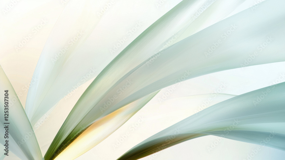 Poster Soft abstract design with flowing translucent shapes in light cream and green tones, creating serene and elegant visual effect