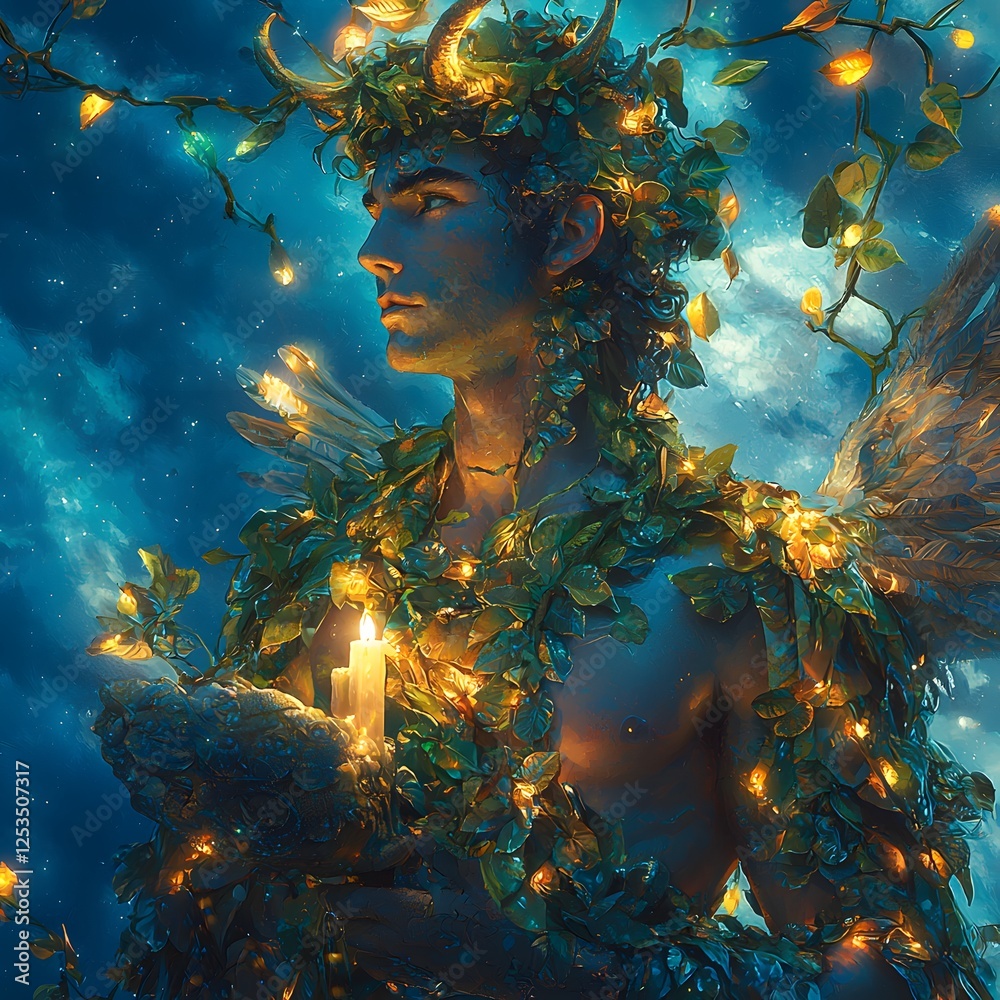 Poster hermes depicted in digital painting set in celestial sky evoking a mysterious mood illuminated by ca