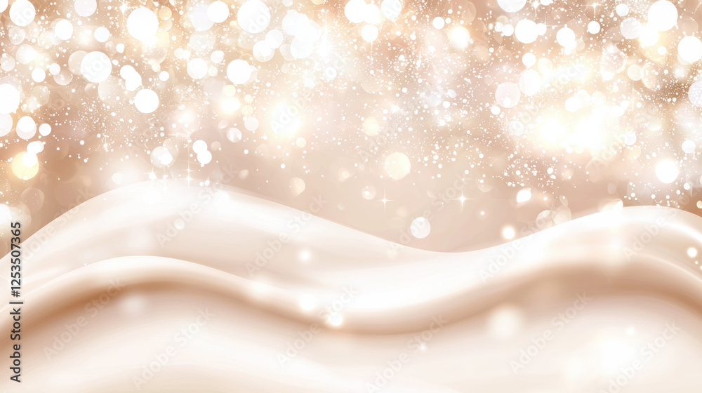 Poster soft cream colored background with flowing fabric like waves and sparkling bokeh lights creates elegant and dreamy atmosphere