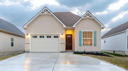 Ranch-style house, suburban street, dusk, new home sale