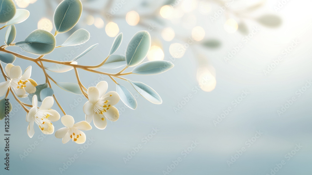 Poster delicate branch with white flowers and soft green leaves is set against light gray background with hint of blue, creating serene and dreamy atmosphere
